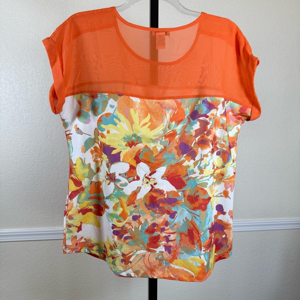 Tropical Floral Orange Colorblock Lightweight Beach Vacation Summer Resort Top - Picture 7 of 9